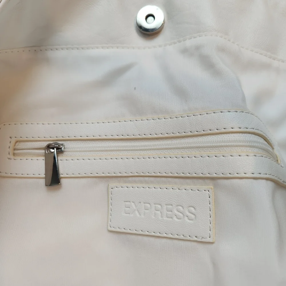 Express White Handbag with Silver Zipper Details, Snap Closure